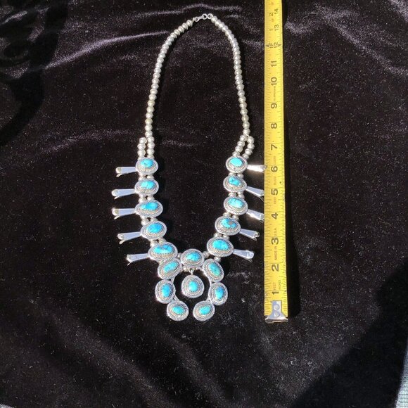 Vintage Sterling Silver Navajo Kingman Turquoise Squash Blossom Necklace Jewelry - Picture 8 of 16